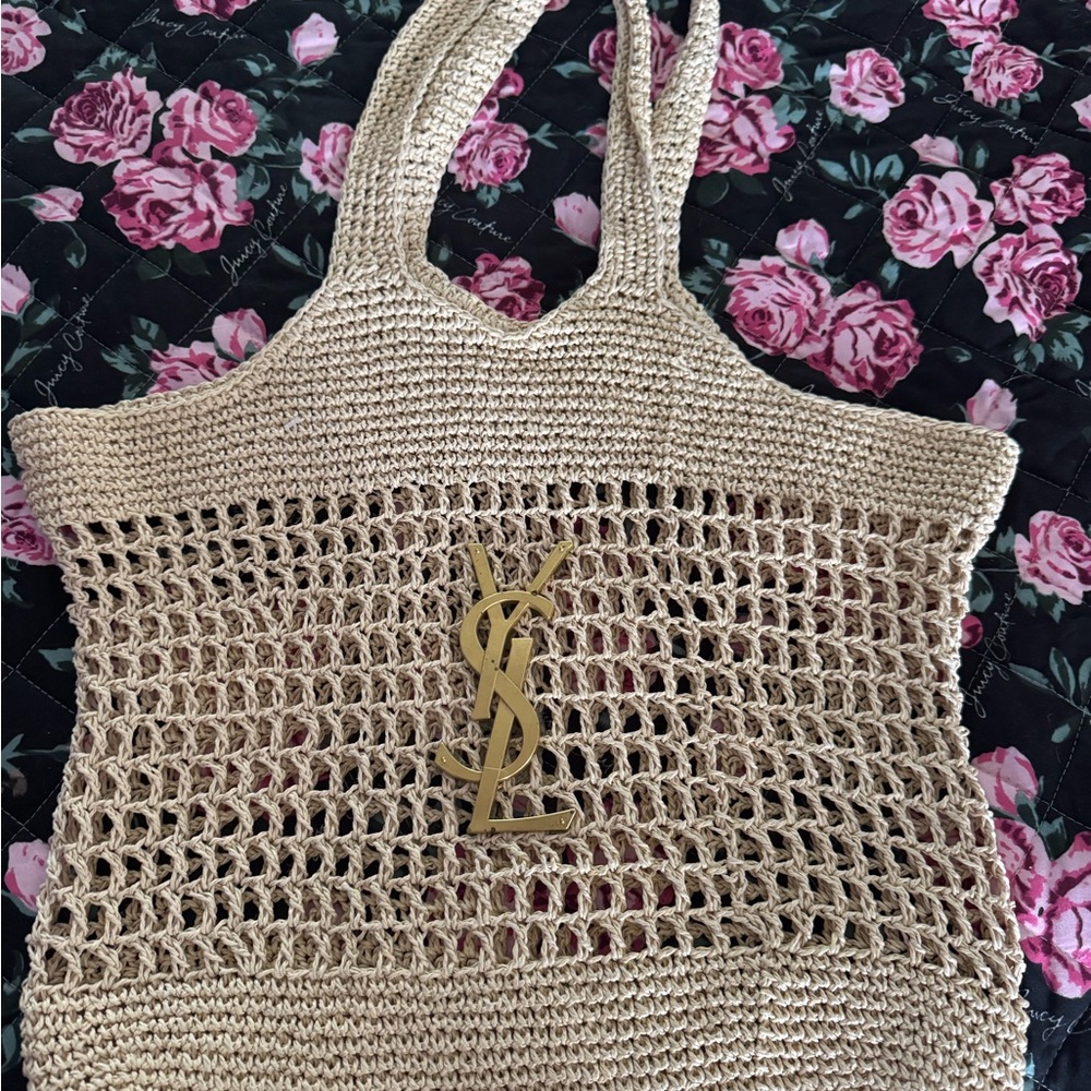 Saint Laurent Beige Crochet Tote with Gold YSL Emblem